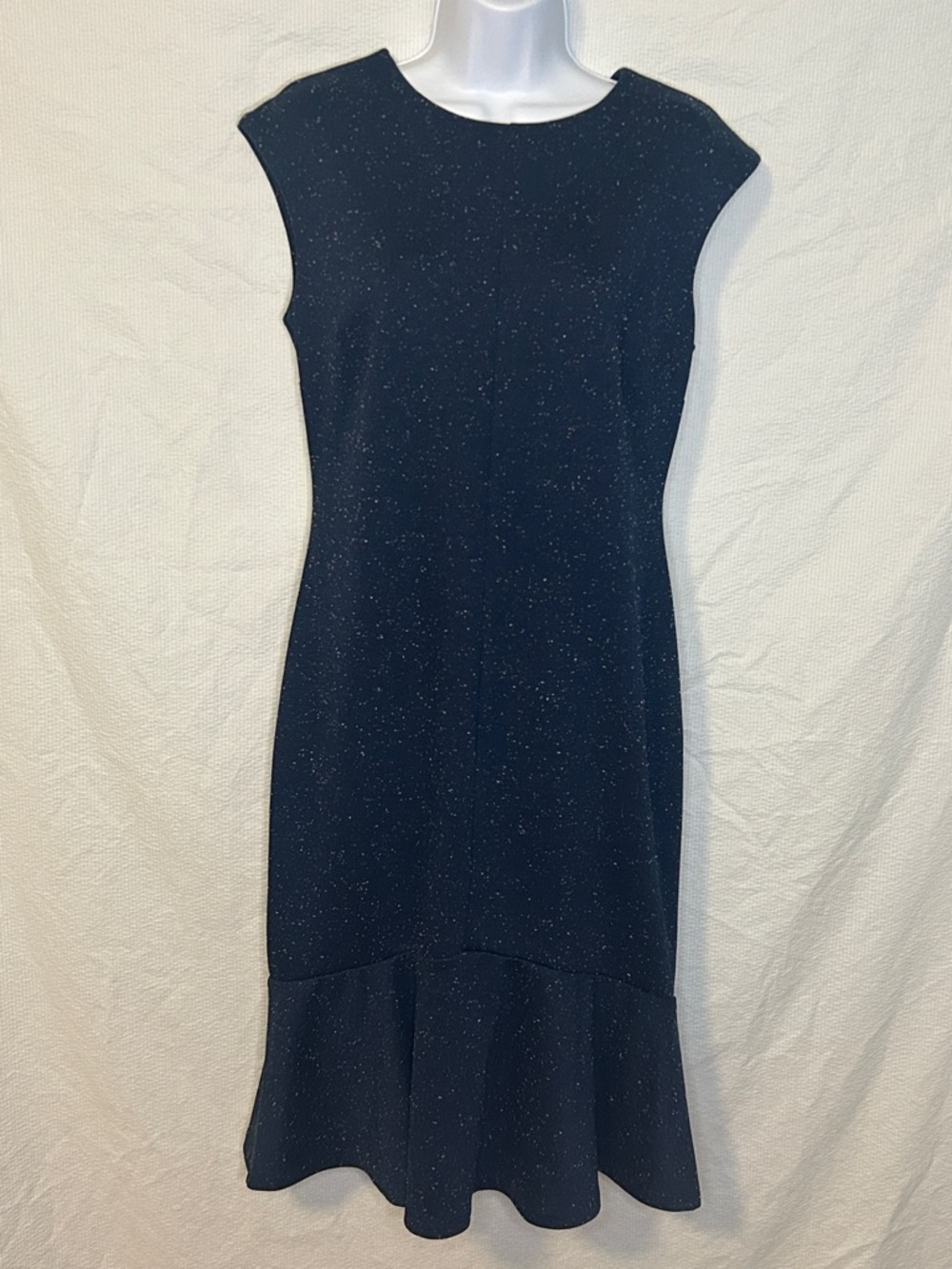 Ann Taylor Navy with Delicate Dot Print Midi Sheath Dress w/ Ruffle Hem, Size 4